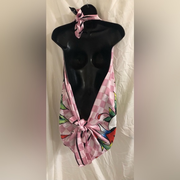 Ed Hardy pink white checkered iconic Ed Hardy red rose florals scarf shawl new - Picture 4 of 15